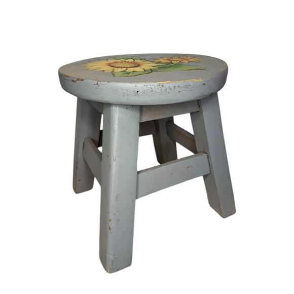 Vintage Wooden Stool Plant Stand Hand Painted Sunflower Rustic Home Decor - Picture 1 of 4